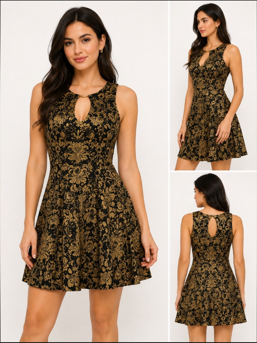 Nicki Minaj Black Gold Baroque Floral Fit & Flare Cutout Dress Small